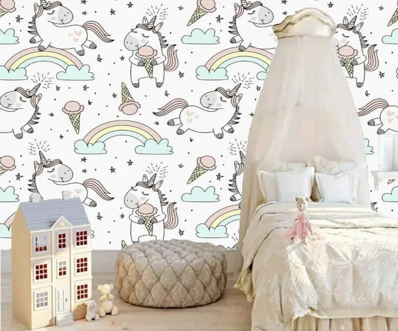 Unicorn Rainbow and Ice Cream Nursery Wallpaper