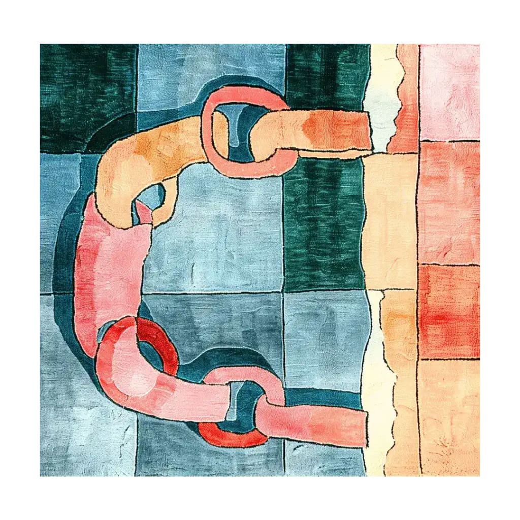 Top view of the Unity in Hues Hand Tufted Area Rug, a contemporary wool rug featuring abstract geometric patterns in shades of blue, pink, and orange. This square area rug is perfect for adding a modern touch to any living room.