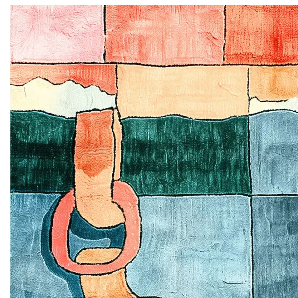 A vibrant, contemporary wool rug featuring a mix of geometric shapes and bold colors. This square area rug showcases an abstract design with shades of pink, green, blue, and orange, ideal for adding a touch of modern flair to any living room. Perfect choice for those seeking unique living room area rugs.