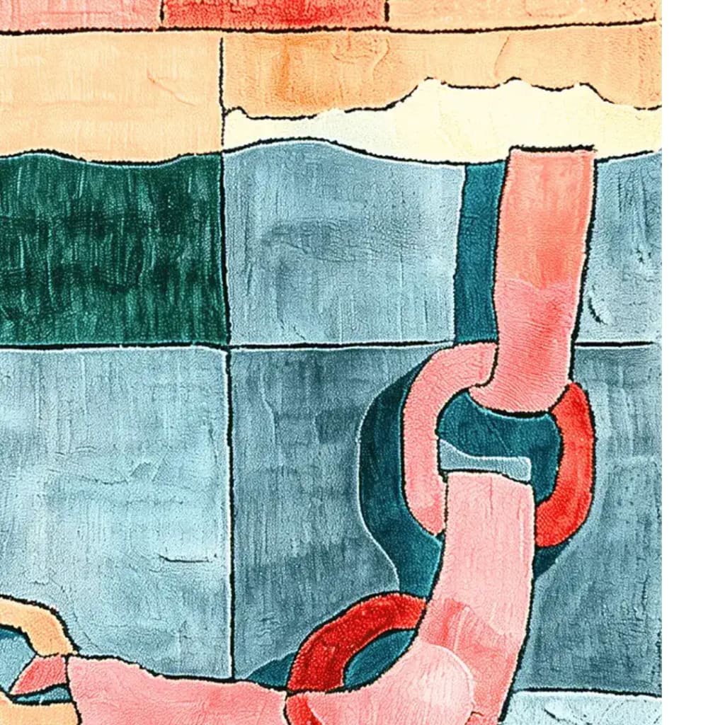 A vibrant, hand-tufted area rug featuring an abstract design with bold geometric patterns and interconnected shapes in shades of blue, pink, and orange. This contemporary wool rug adds a touch of artistic flair to any living room, making it a perfect square area rug choice for modern interiors.