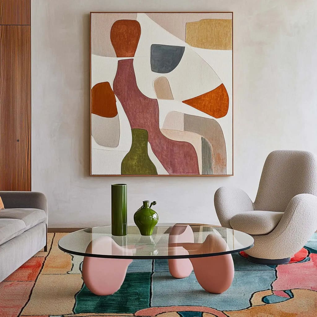 A stylish living room featuring the Unity in Hues Hand Tufted Rug. This contemporary wool area rug showcases an abstract design with vibrant colors, perfect for adding flair to any living room. The square rug is placed under a modern glass coffee table with unique pink legs, surrounded by elegant seating, creating a harmonious and inviting space.