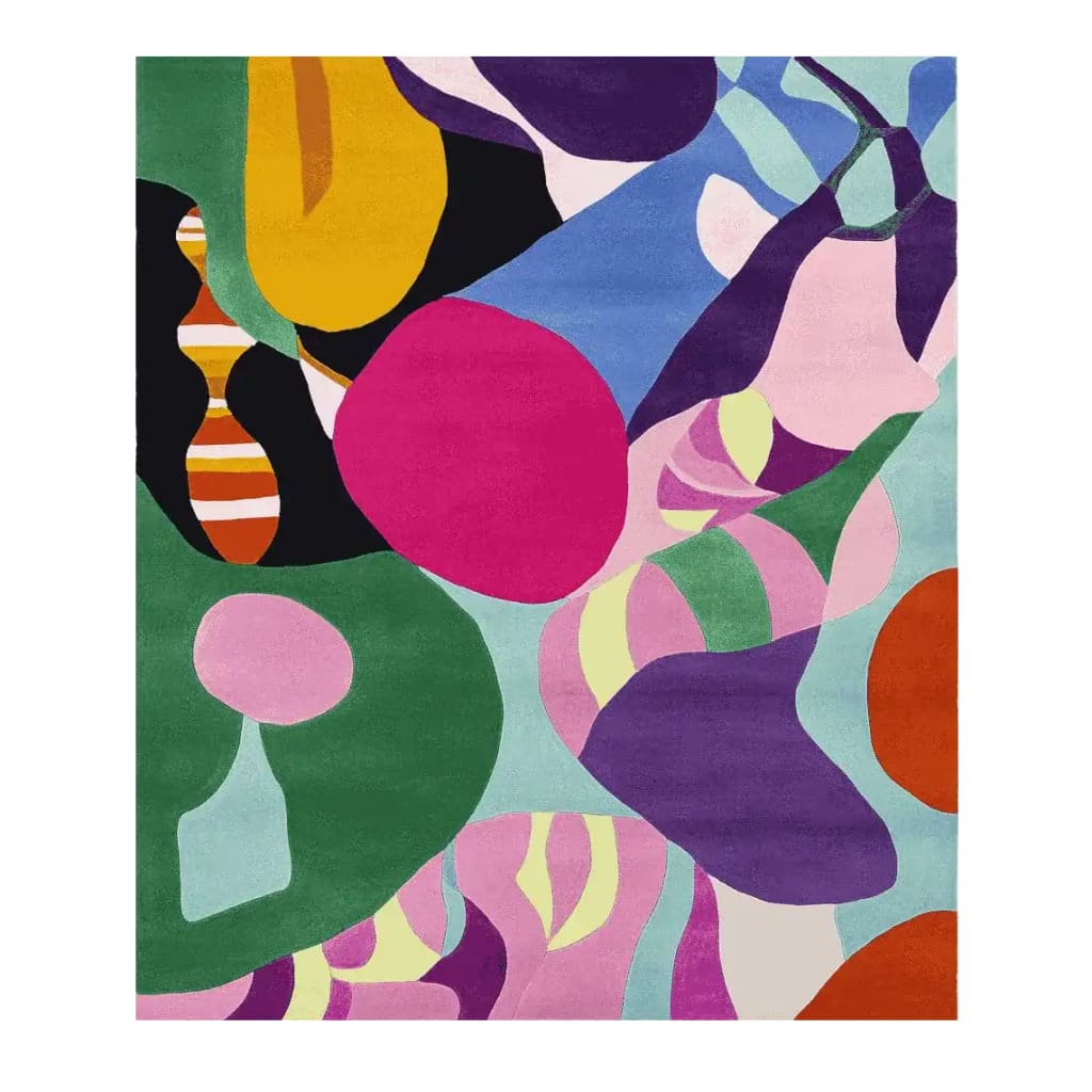 A vibrant abstract design of the Unruly Spectrum Code Hand Tufted Rug, featuring bold colors and shapes. Perfect for large living rooms, this contemporary wool rug measures 8x10, making it an ideal area rug for adding a splash of color to your home decor.