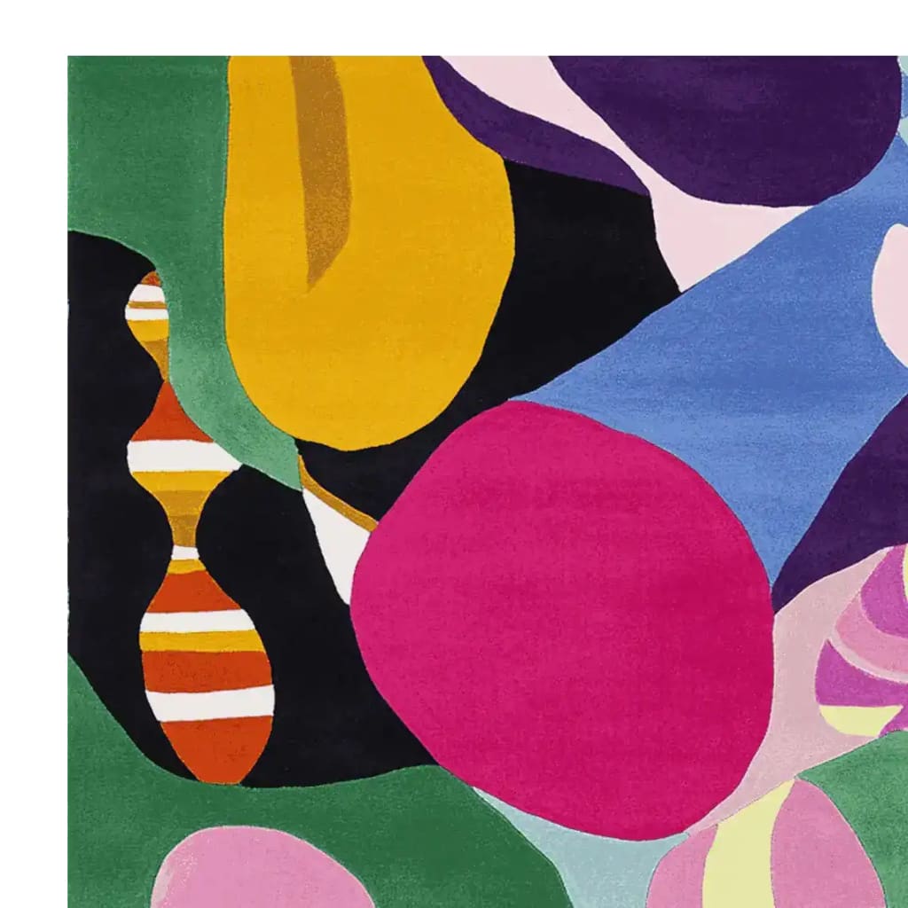 A vibrant and colorful area rug with abstract shapes, perfect for large living rooms. This contemporary wool rug in an 8x10 size features bold splashes of pink, blue, yellow, and green, creating a lively and artistic centerpiece.