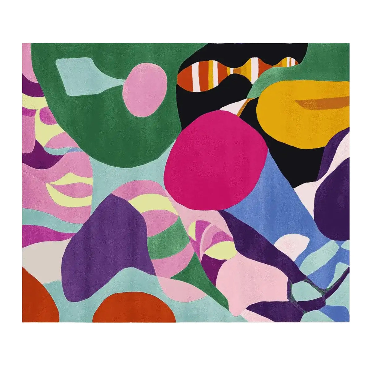 Vibrant Area Rug with an abstract design featuring bold colors like green, pink, and blue, perfect for large living room spaces. This contemporary 8x10 wool rug adds a splash of color and modern style to any interior.