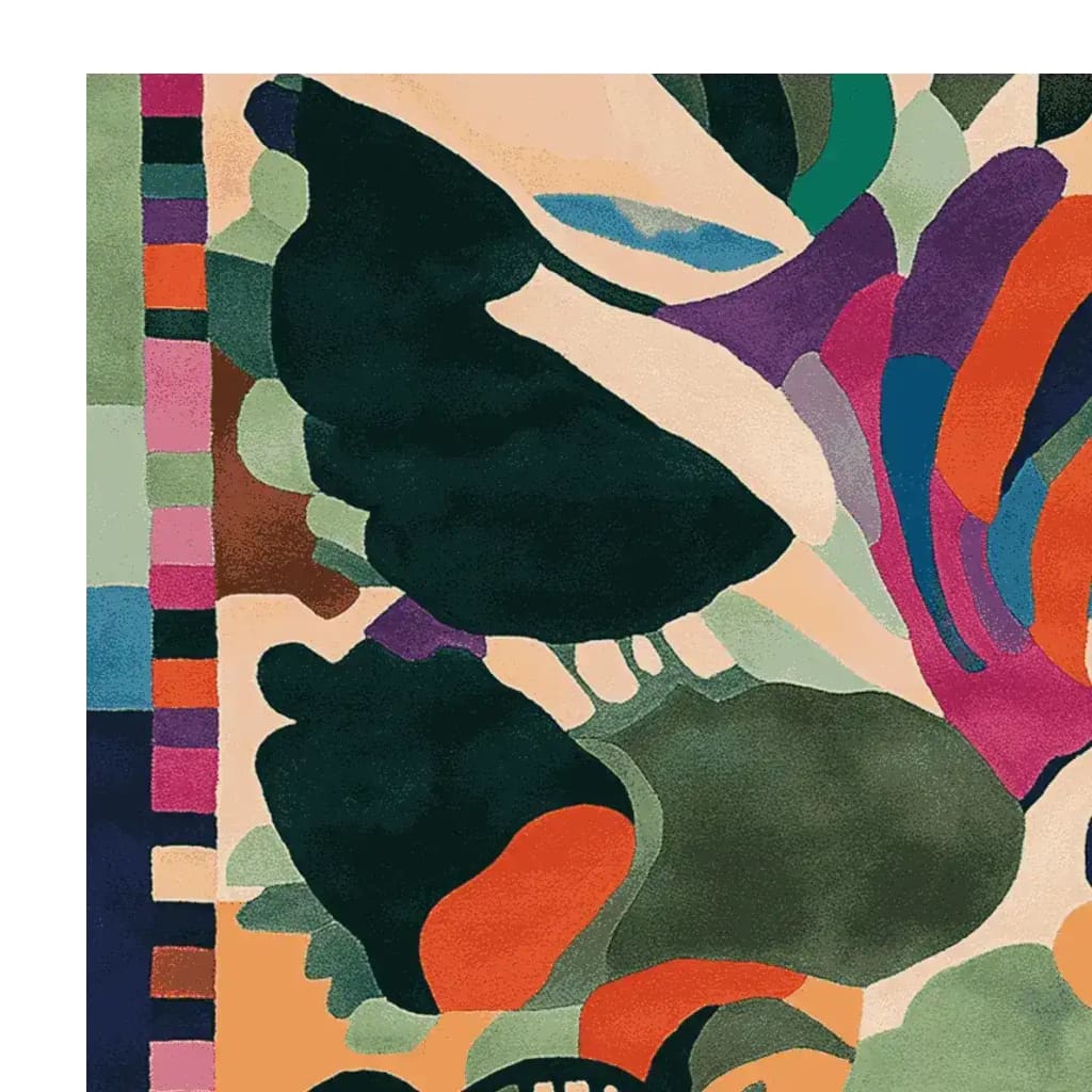 Vibrant and colorful abstract design of the Untamed Garden Rave Hand Tufted Rug. This wool area rug features a mix of bold hues and intricate patterns, ideal for adding a contemporary touch to living room spaces. The square rug captures a dynamic blend of geometric shapes, making it an eye-catching addition to any home decor.