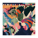 Vibrant Untamed Garden Rave Hand Tufted Rug featuring an abstract design in lush colors, ideal as an area rug for contemporary living rooms. This square wool rug is perfect for spaces needing an 8x10 area rug, showcasing a dynamic array of shapes and colors.