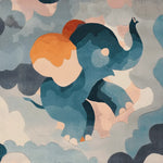 Colorful and whimsical Up and Away Hand Tufted Area Rug featuring a playful elephant design in shades of blue, orange, and cream. Perfect for adding a touch of charm to living room area rugs, this wool rug offers a cozy feel and artistic flair, ideal for living room rugs 8x10.