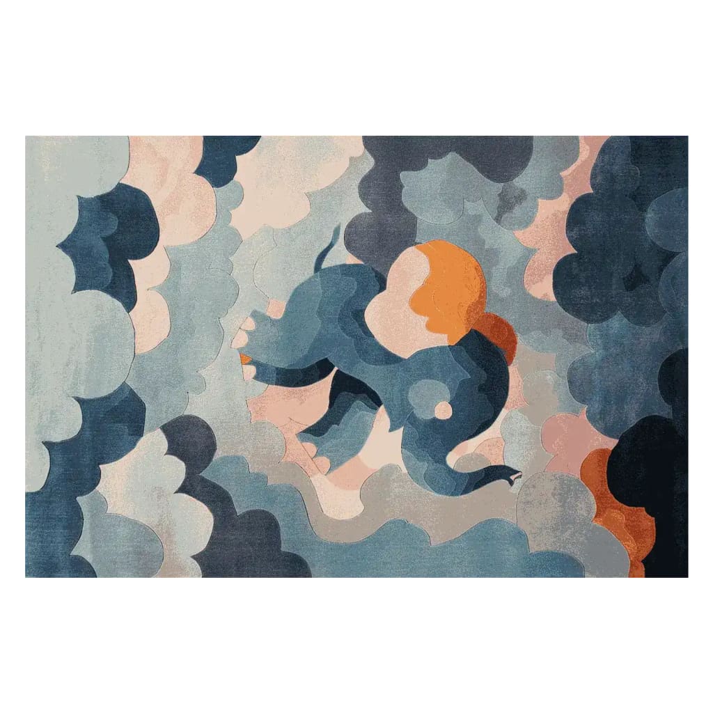 The Up and Away Hand Tufted Rug features an abstract design with swirling blue, orange, and gray patterns, perfect for adding a touch of modern elegance to any living room. This wool area rug, sized 8x10, is ideal for those seeking stylish living room area rugs.