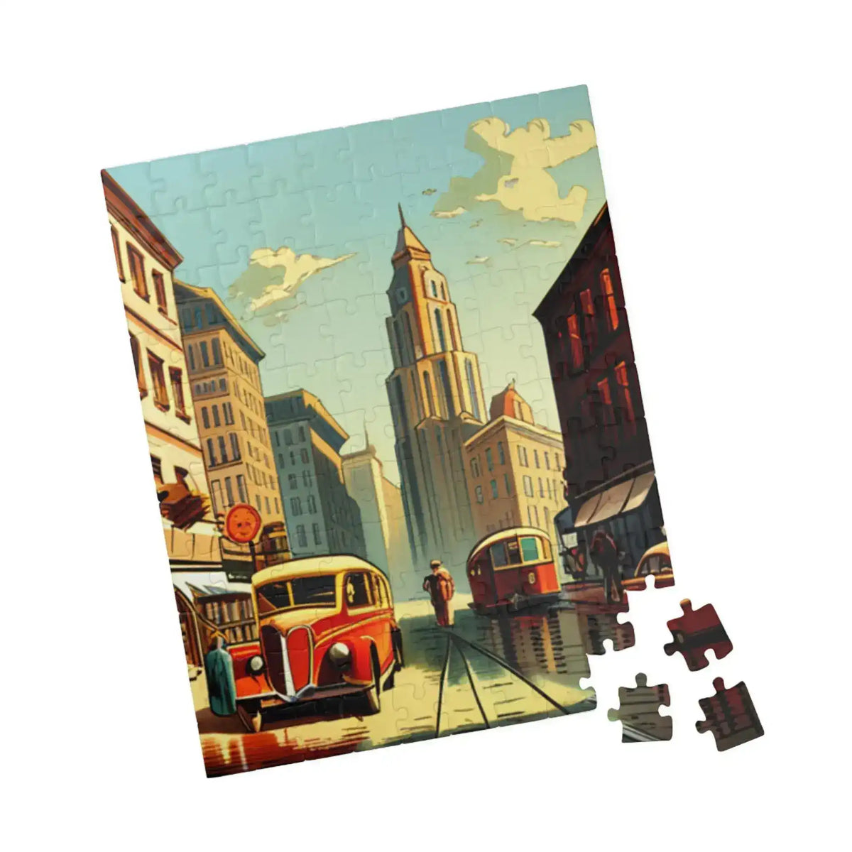Upright Historical City puzzle of a vintage avenue, tower and red bus, few pieces awaiting placement