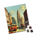 Upright Historical City puzzle of a vintage avenue, tower and red bus, few pieces awaiting placement