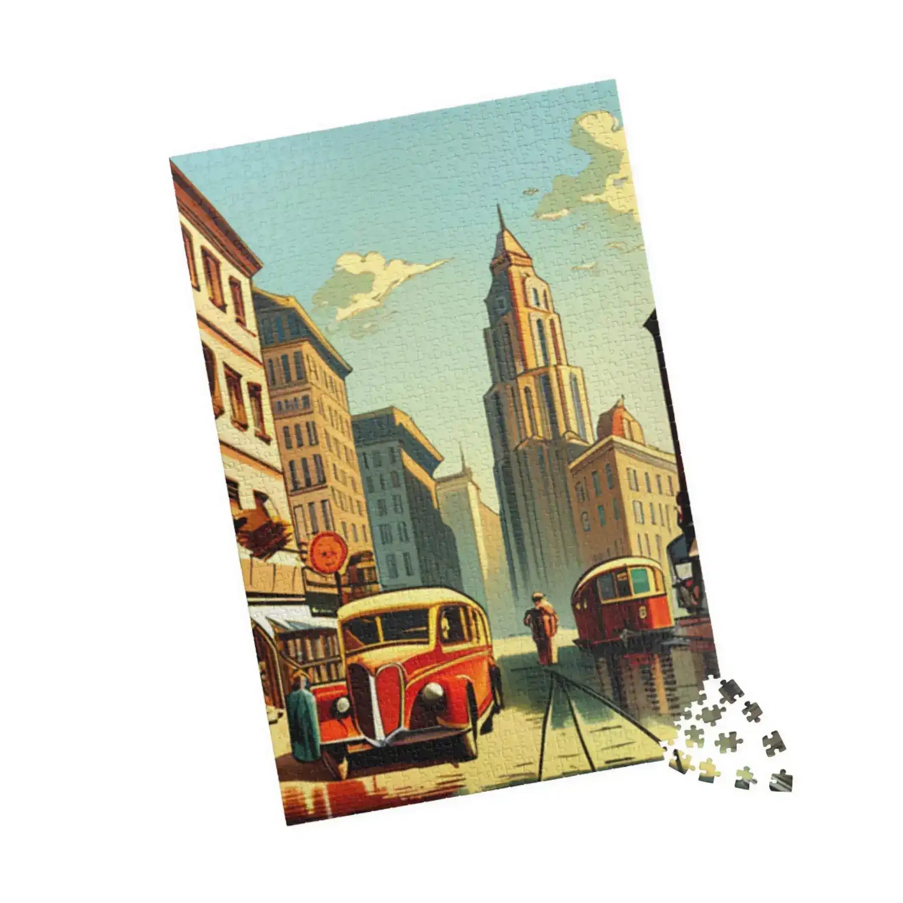 Upright Historical City puzzle of a vintage street, red tram and tower, stacked loose pieces