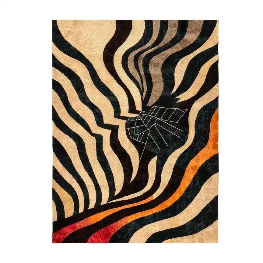 Stylish Urban Abstract Tufted Wool Rug featuring a dynamic pattern of swirling lines in earthy tones. This eye-catching area rug is perfect for adding a contemporary touch to a living room or office space.