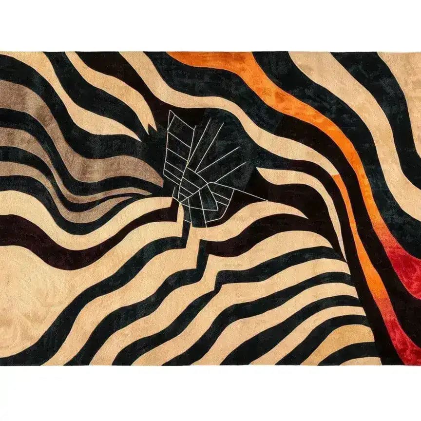 Top view of an Urban Abstract Tufted Wool Rug, featuring bold black and orange wavy stripes on a beige background. This area rug is perfect for adding a contemporary touch to living rooms and offices, making it an ideal choice for living room area rugs or rugs for office settings.