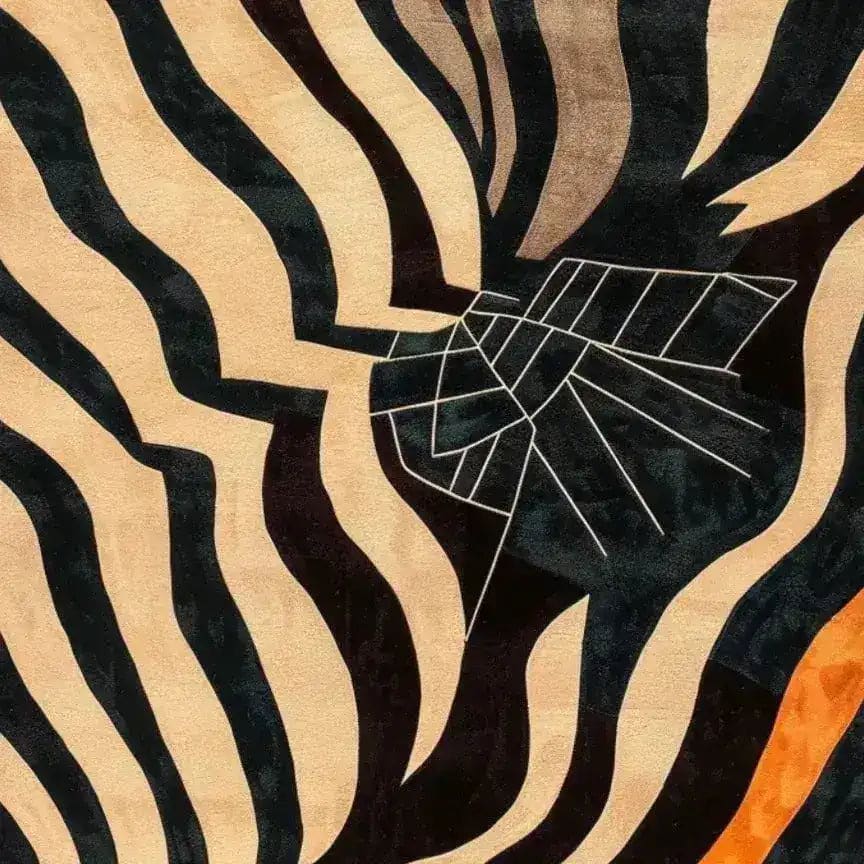 Close-up view of an Urban Abstract Tufted Wool Rug featuring bold, wavy black and beige stripes intermingled with geometric patterns. Perfect for adding a contemporary touch to any living room or office space, this area rug offers a striking design ideal for those seeking modern living room area rugs or rugs for office settings.