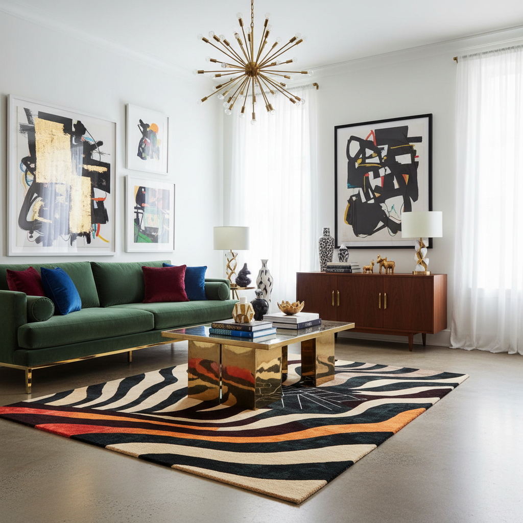 Modern living room with a green sofa, abstract art, and a zebra print rug.