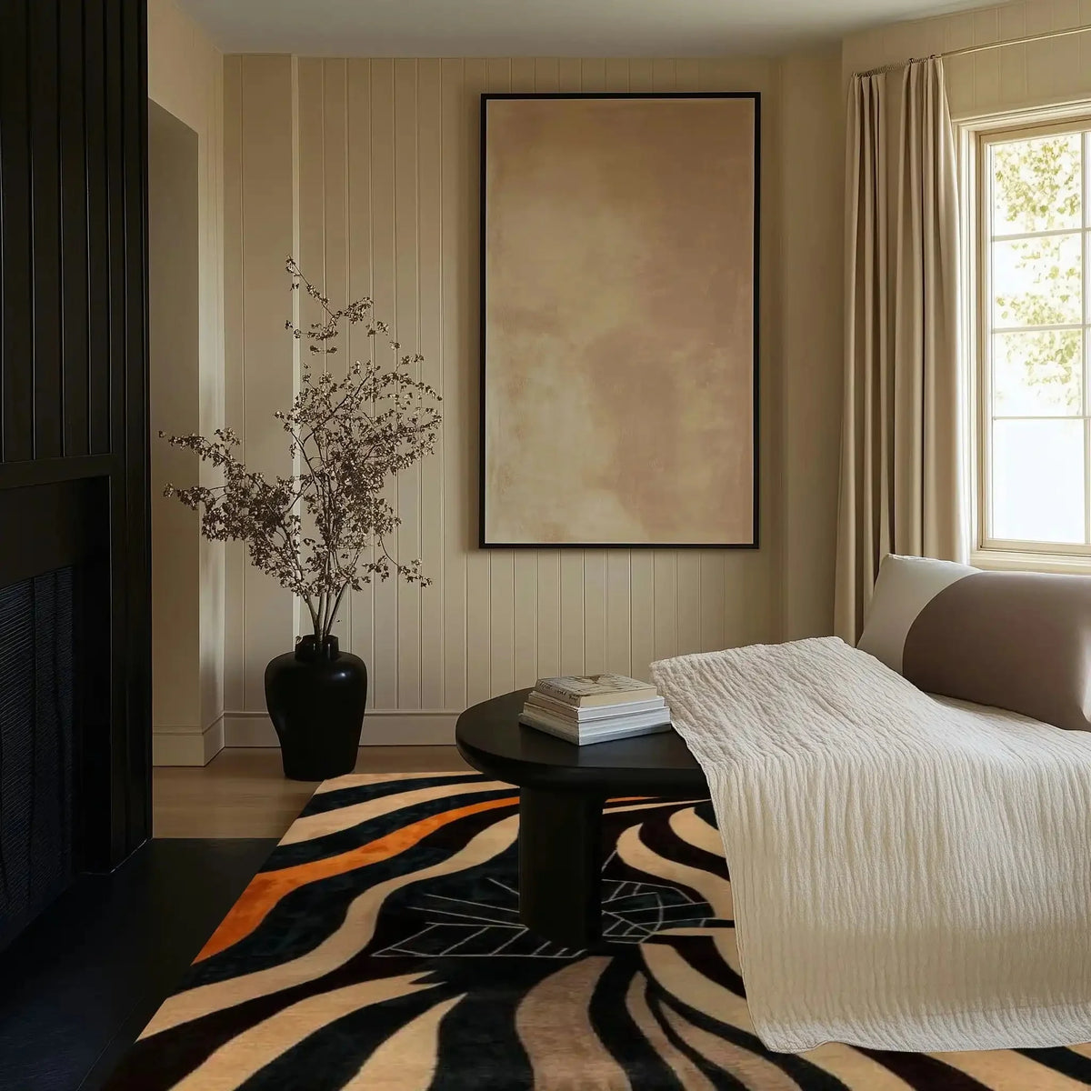 Stylish living room featuring an Urban Abstract Tufted Wool Rug. The area rug showcases a bold, contemporary design with swirling patterns, perfect for adding a modern touch to any living room or office space. Natural light floods the room, highlighting the rug's vibrant colors and luxurious texture.