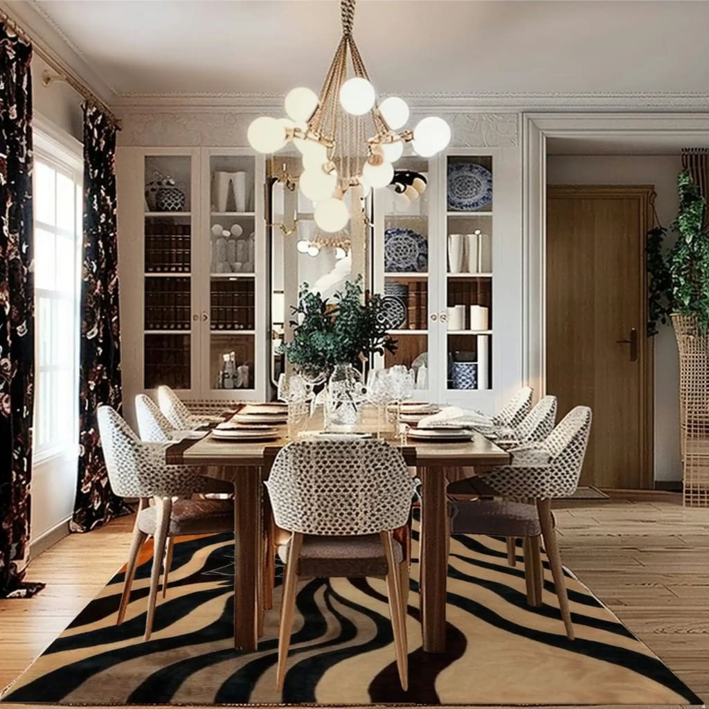 Stylish dining room featuring an Urban Abstract Tufted Wool Rug with a unique black and beige pattern. This contemporary area rug adds a touch of elegance to the living room or office space, complementing the modern decor and chic dining set.