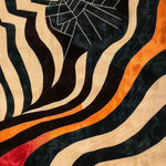Top view of an Urban Abstract Tufted Wool Rug featuring bold, wavy patterns in black, orange, and beige, perfect for a contemporary living room or office. This area rug showcases a striking design that's ideal for adding a modern touch to any space.