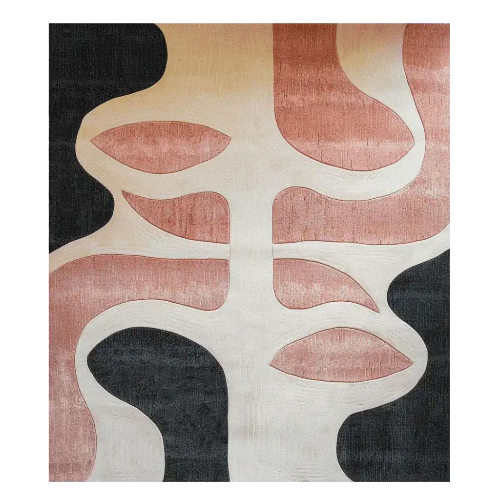 This stunning area rug features an abstract design with flowing curves in warm tones of pink, black, and cream. Perfect for adding a contemporary touch to your living room, this large wool rug combines modern aesthetics with cozy comfort, making it an ideal choice for living room area rugs.
