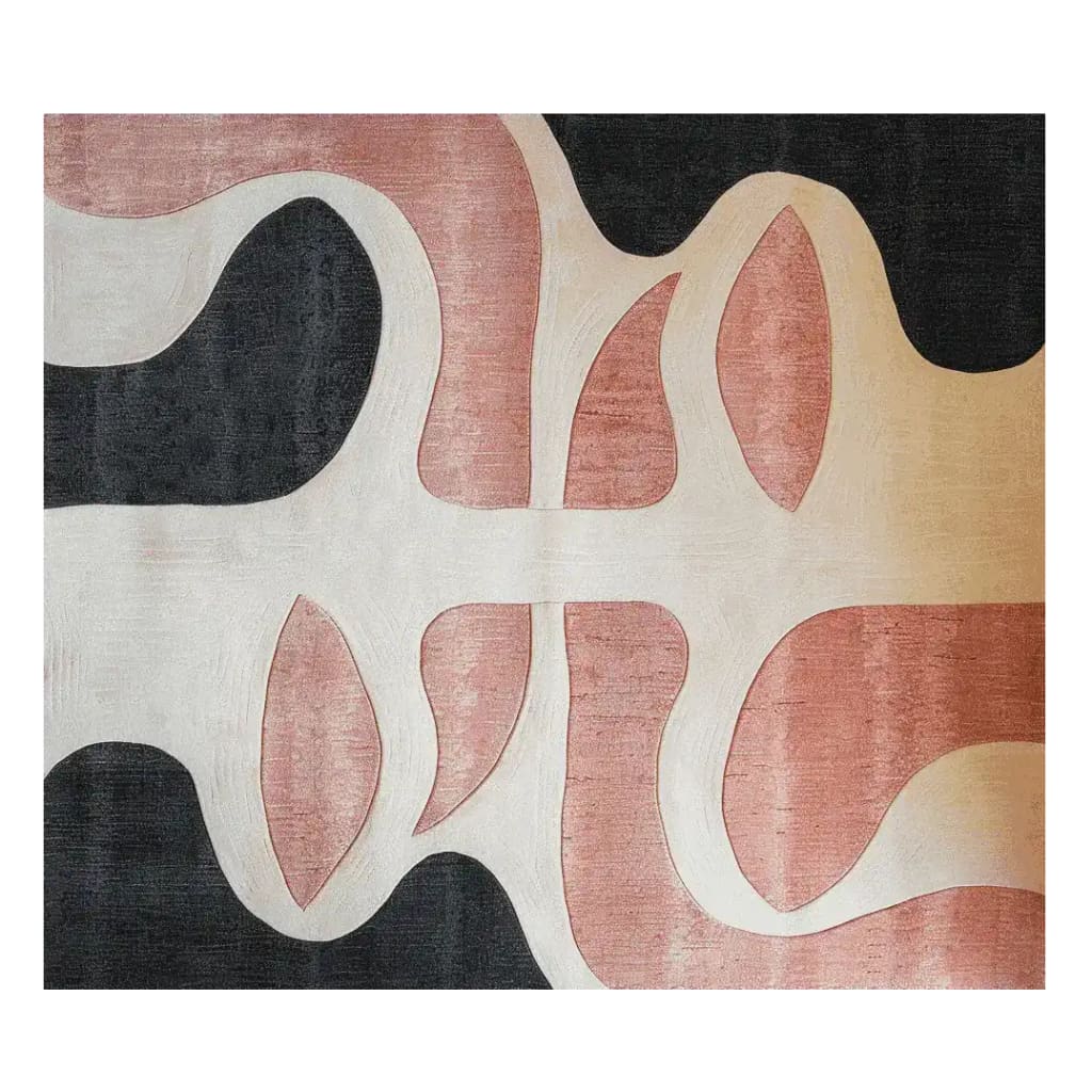 Top view of an Urban Frame Cut Hand Tufted Area Rug featuring a contemporary abstract design with flowing patterns in black, cream, and blush hues. Perfect for large living rooms, this wool rug adds a stylish touch to modern interiors.