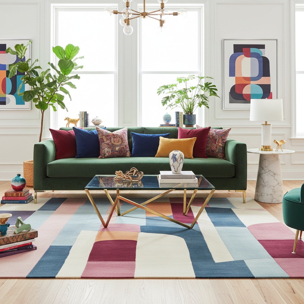 Modern living room with a green sofa, colorful rug, and abstract art.
