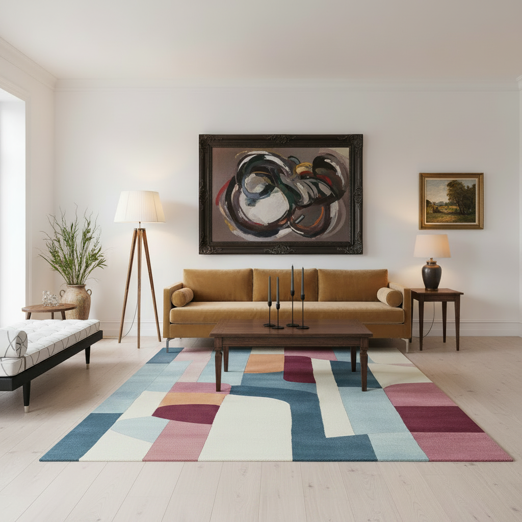 A styled living room featuring a large abstract painting in a dark frame hanging above a mustard yellow sofa. The room is decorated with a colorful geometric area rug, a wooden coffee table, a tripod floor lamp, and a small daybed on a light wood floor.
