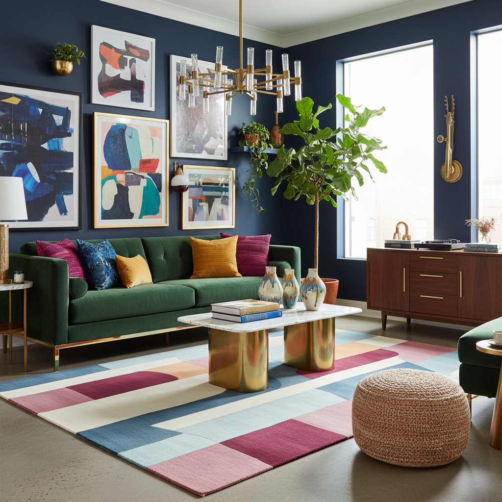 Modern living room with colorful decor, including a green sofa, abstract art, and a patterned rug.