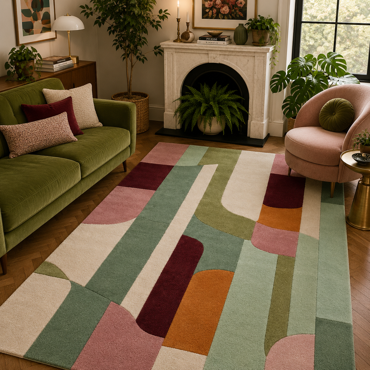 A large area rug with a mid-century modern abstract pattern in sage green, dusty pink, mustard orange, cream, and burgundy, styled in a cozy living room next to a green sofa and a pink armchair.