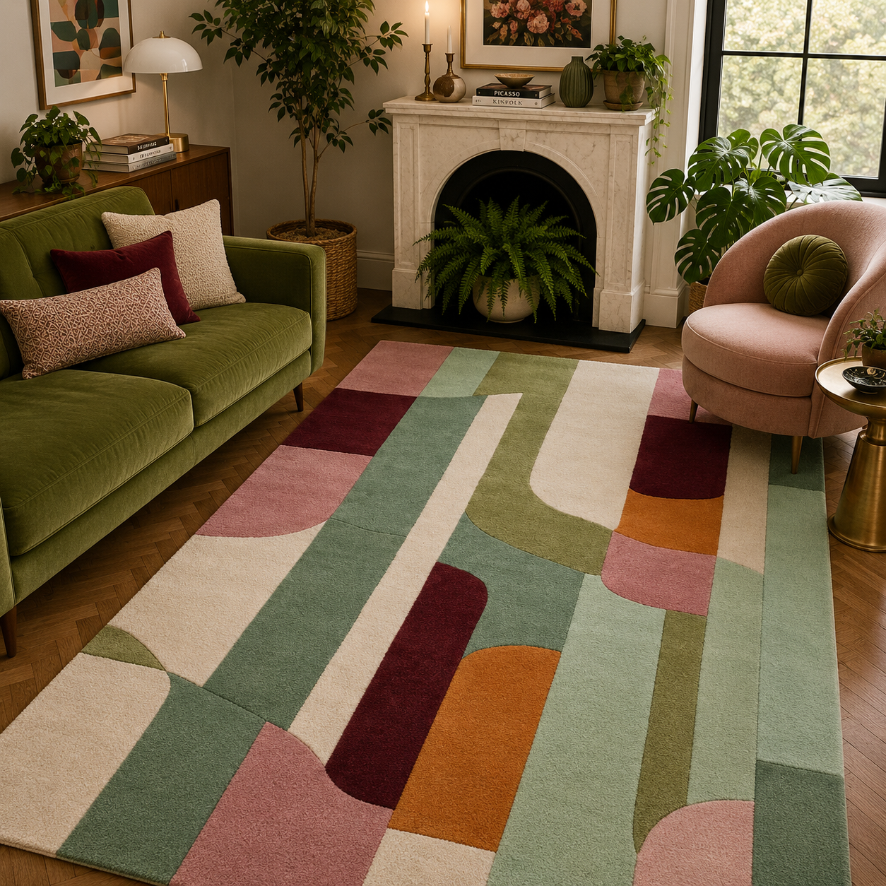 A large area rug with a mid-century modern abstract pattern in sage green, dusty pink, mustard orange, cream, and burgundy, styled in a cozy living room next to a green sofa and a pink armchair.