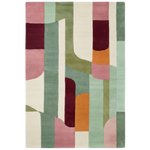 An abstract area rug featuring a modern geometric pattern of vertical and curved blocks in sage green, dusty pink, cream, burgundy, and orange.