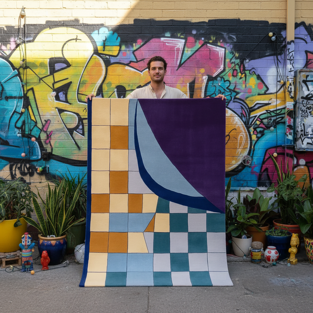 Person holding a colorful rug in front of a graffiti-covered wall.