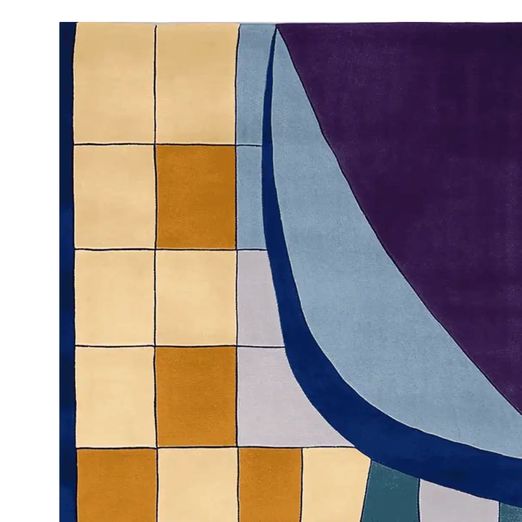 Close-up view of the Urban Mosaic Hand Tufted Area Rug, showcasing its contemporary abstract design with a mix of purple, blue, and orange geometric patterns. Ideal for rugs for living room spaces, this wool rug adds a modern touch to any living room area.