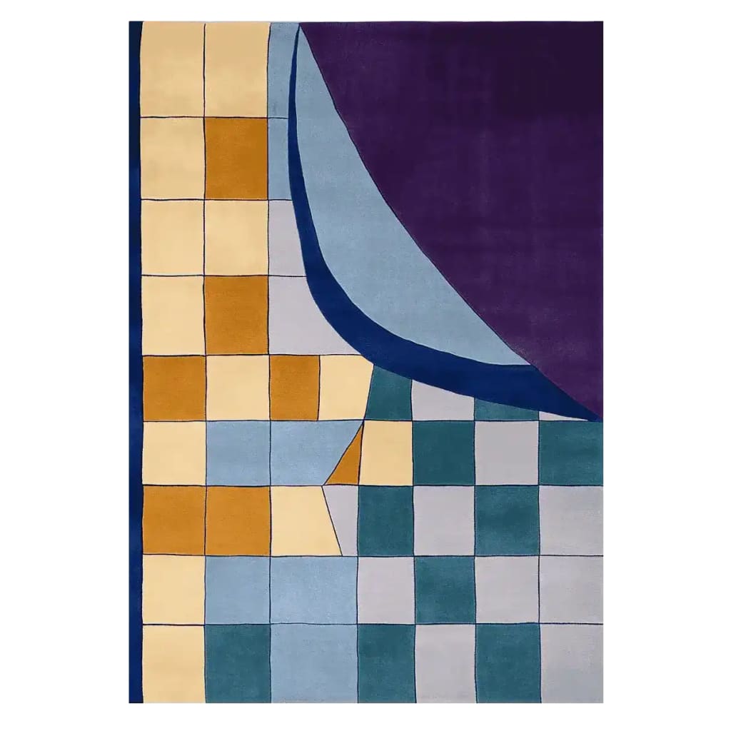 The Urban Mosaic Hand Tufted Area Rug showcases a vibrant geometric design with a mix of yellow, blue, and purple squares, perfect for contemporary living rooms. This wool rug adds a stylish touch to any space, making it an ideal choice for those seeking modern living room area rugs.