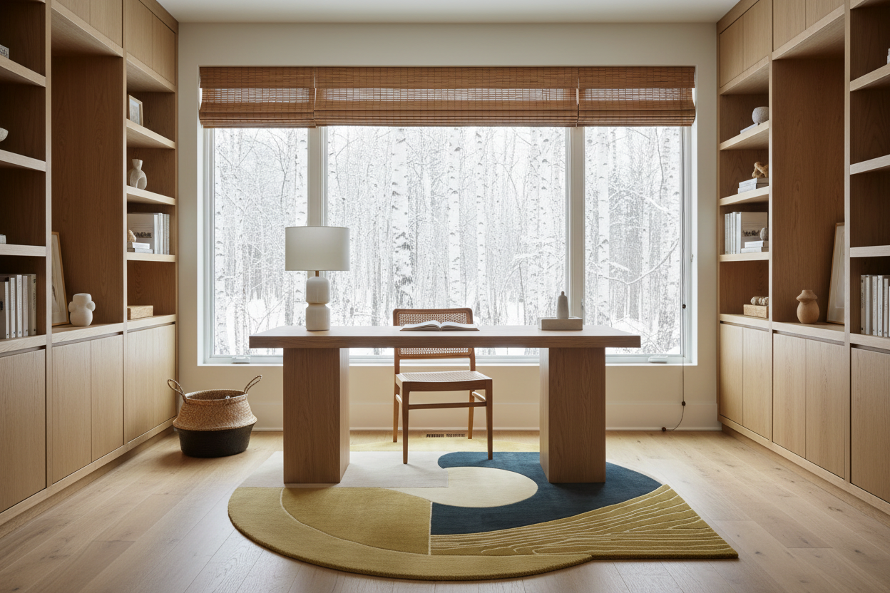 Modern home office with wooden furniture, large window, and decorative rug.