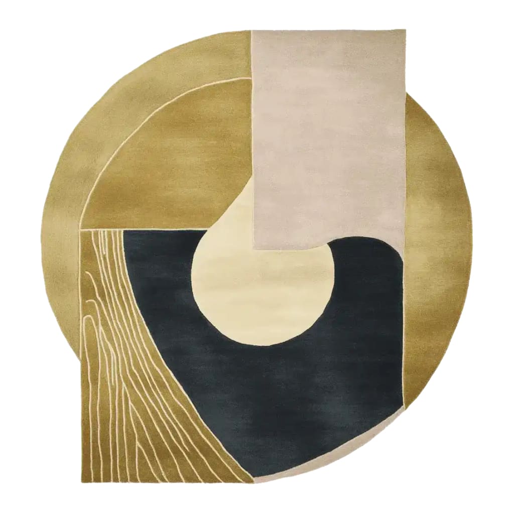 Top view of an Urban Quiet Geometry Hand Tufted Rug, showcasing a contemporary abstract design with geometric shapes in earthy tones. This wool area rug is perfect for modern living room decor, adding a stylish touch to any space.