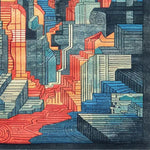 Urban Skyline Hand Tufted Area Rug featuring a vibrant and geometric cityscape design in shades of red, blue, and gray. Ideal for contemporary living rooms and dining rooms, this wool rug adds a modern touch to any formal dining room setting.