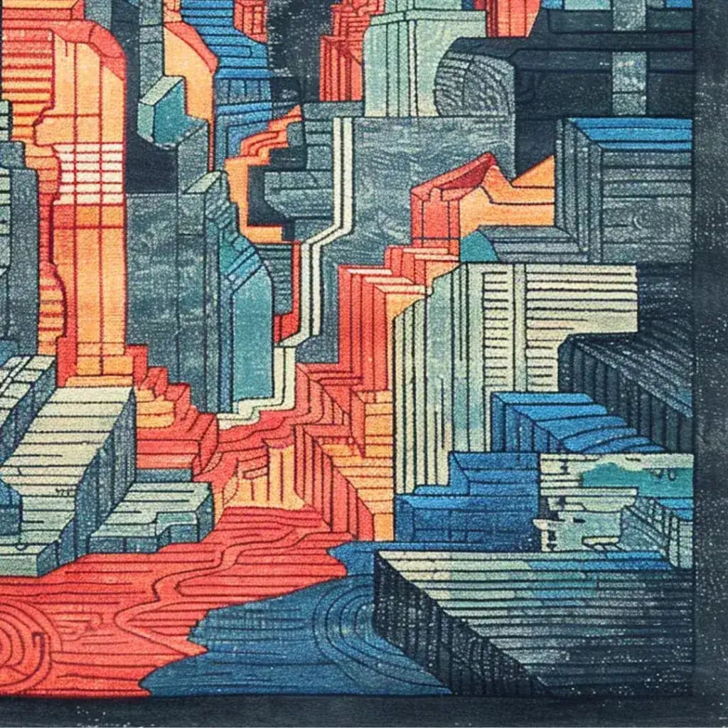 Urban Skyline Hand Tufted Area Rug featuring a vibrant and geometric cityscape design in shades of red, blue, and gray. Ideal for contemporary living rooms and dining rooms, this wool rug adds a modern touch to any formal dining room setting.