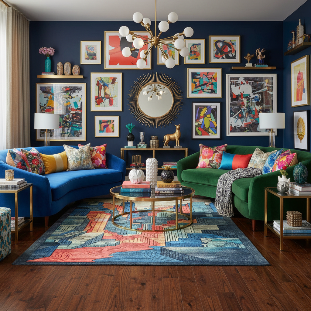 Colorful living room with blue and green sofas, a patterned rug, and wall art.