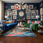 Colorful living room with blue and green sofas, a patterned rug, and wall art.
