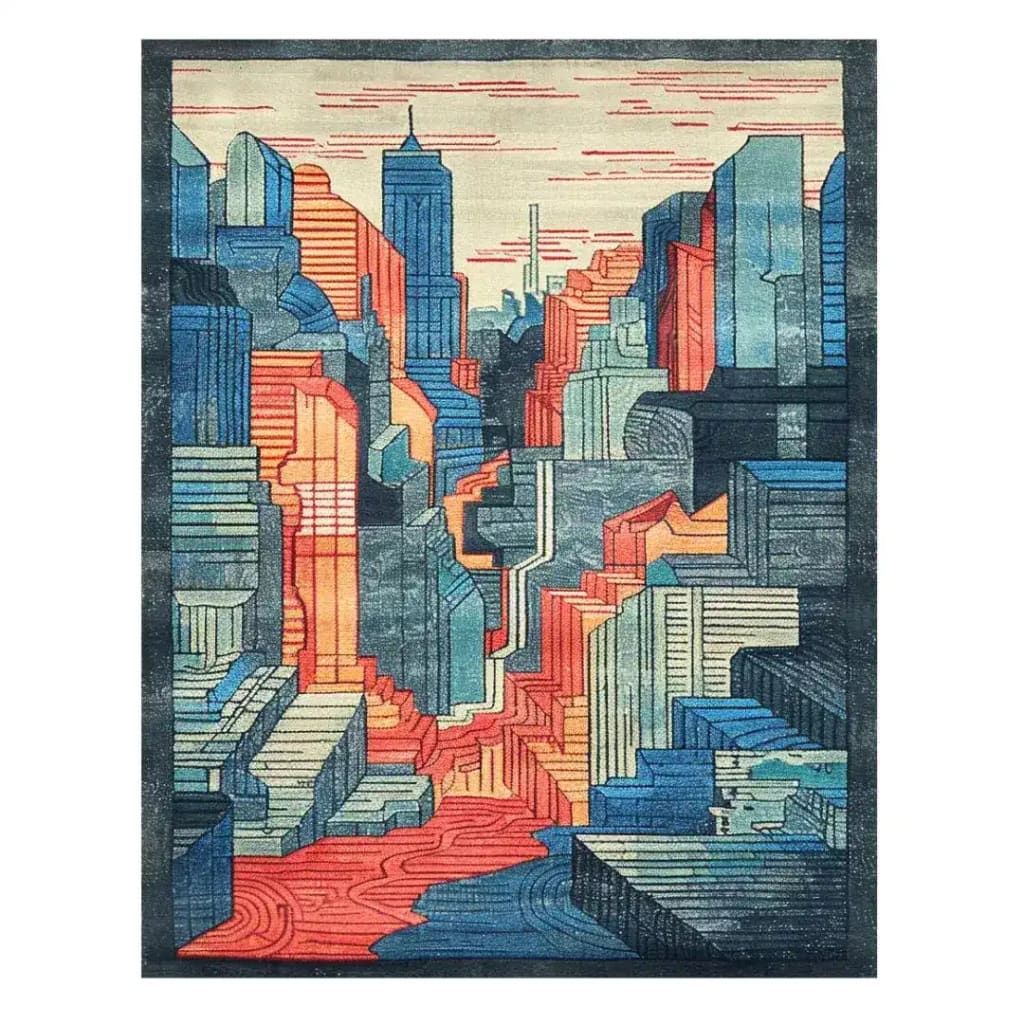 A vibrant Urban Skyline Hand Tufted Area Rug showcasing an abstract cityscape in blues, oranges, and reds. Perfect for adding a contemporary touch to living rooms and dining rooms, this wool rug brings a modern flair to any formal dining room setting.