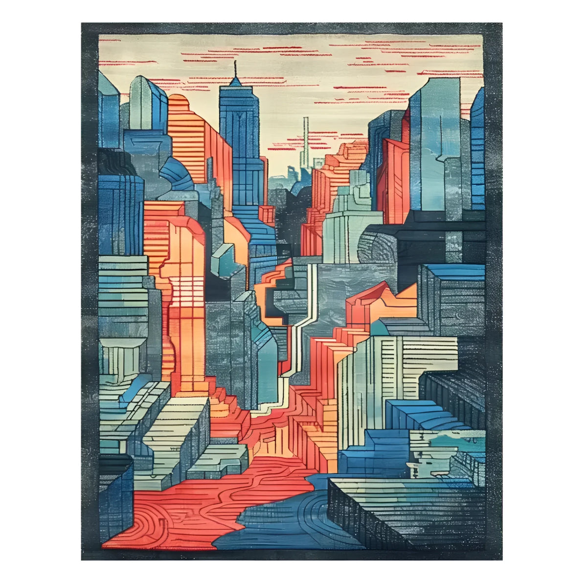 A vibrant Urban Skyline Hand Tufted Area Rug showcasing an abstract cityscape in blues, oranges, and reds. Perfect for adding a contemporary touch to living rooms and dining rooms, this wool rug brings a modern flair to any formal dining room setting.