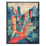 A vibrant Urban Skyline Hand Tufted Area Rug showcasing an abstract cityscape in blues, oranges, and reds. Perfect for adding a contemporary touch to living rooms and dining rooms, this wool rug brings a modern flair to any formal dining room setting.