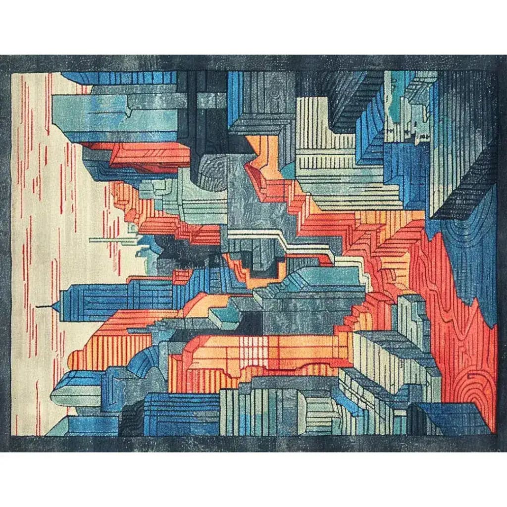 Vibrant Urban Skyline Hand Tufted Area Rug featuring a contemporary design with abstract cityscape in bold colors. Perfect for adding a touch of modern art to your living room or dining room. This wool rug is ideal for both casual and formal dining room settings, offering a stylish and unique aesthetic.