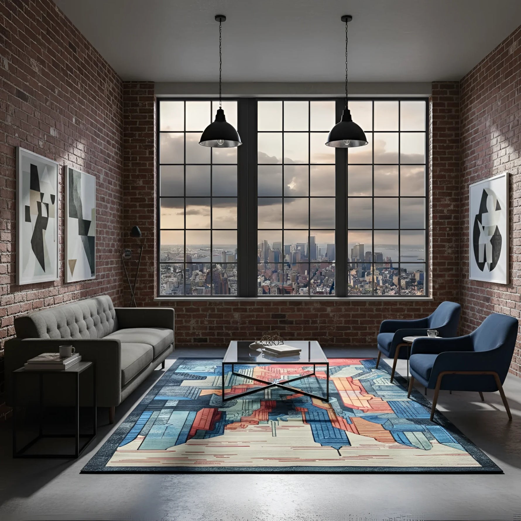 Modern living room with brick walls, large window, and colorful rug.