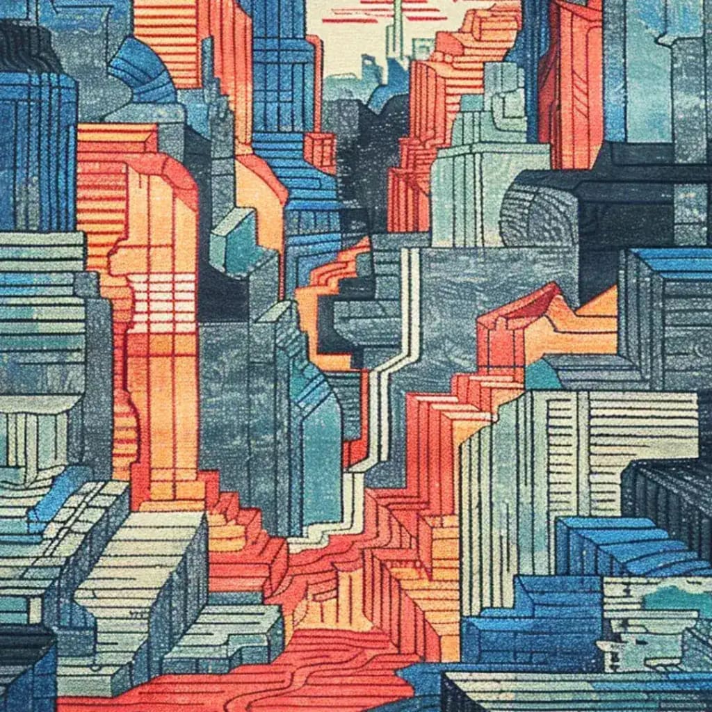 A vibrant Urban Skyline Hand Tufted Area Rug showcasing a colorful abstract cityscape design, perfect for adding a contemporary touch to living rooms and dining rooms. Made from quality wool, this rug serves as a stylish centerpiece, suitable for both casual and formal dining room settings.