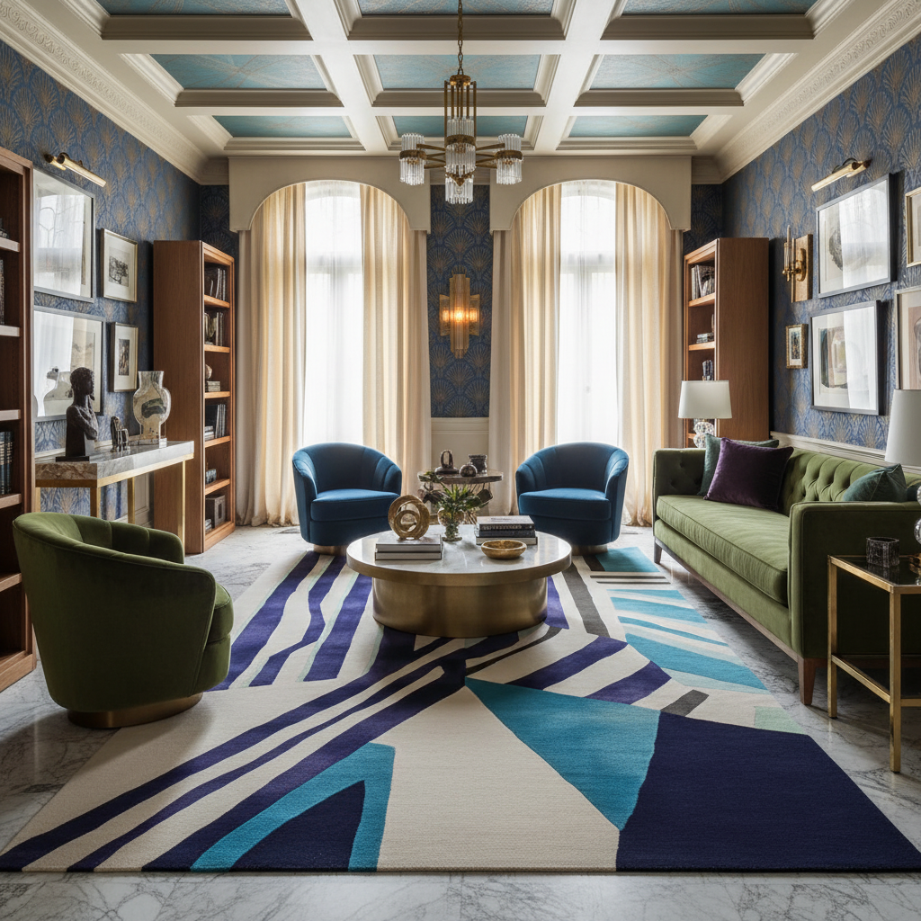 Luxurious living room with green sofa, blue armchairs, and a patterned contemporary wool rug.