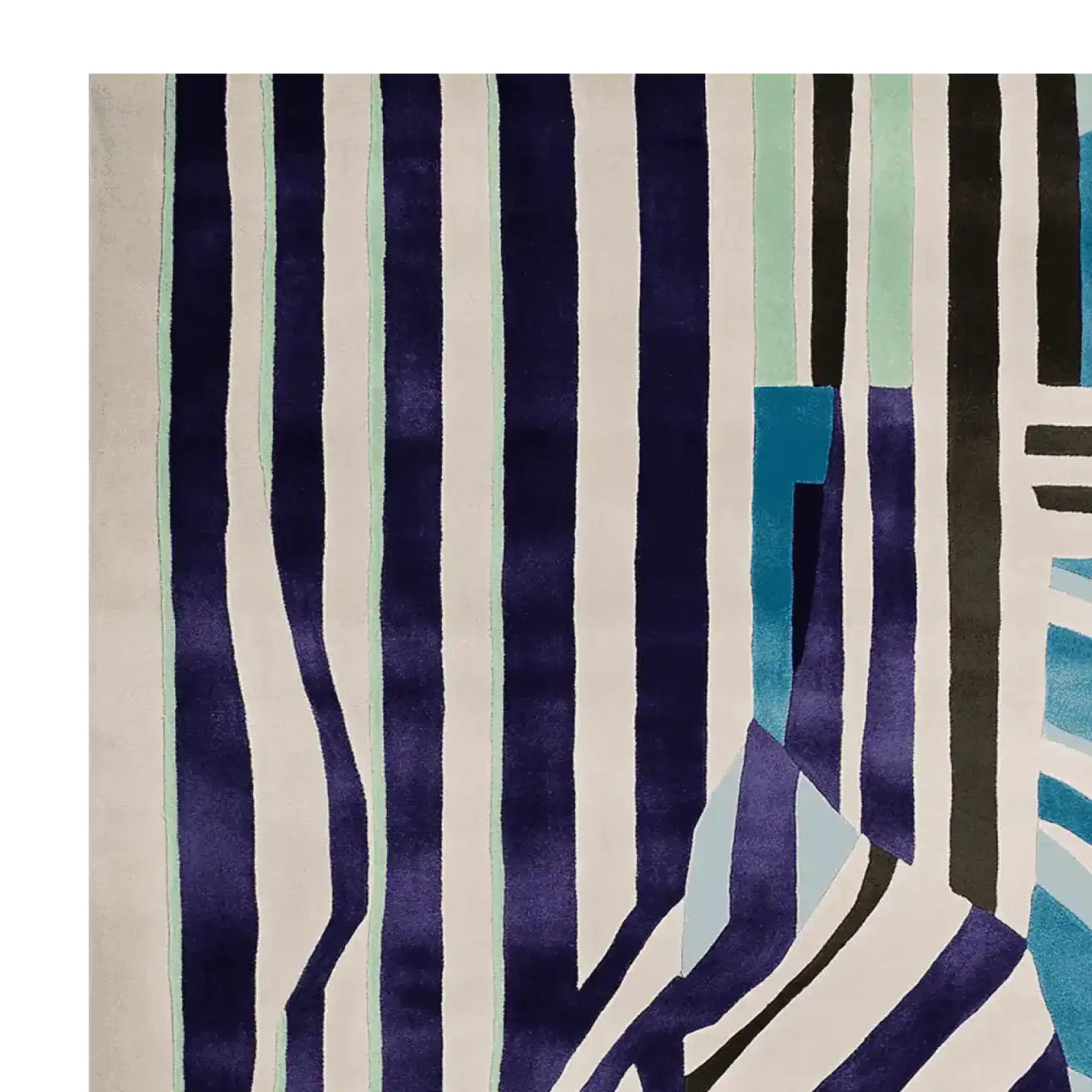 A contemporary area rug with bold, vertical stripes in shades of navy, teal, and black against a cream background. This wool rug, perfect for adding a modern touch to any living room, is a striking example of living room area rugs that combine style and functionality.
