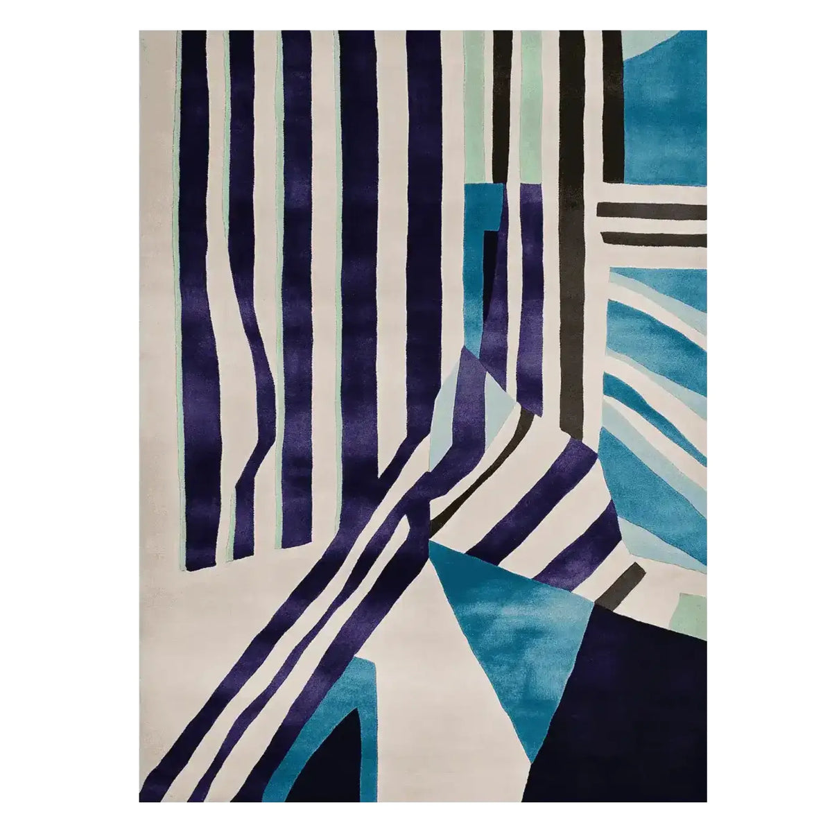This vibrant area rug features a striking abstract design with bold stripes in deep blues, blacks, and aqua tones. Perfect for adding a contemporary flair to your living room, this wool rug is both stylish and durable, making it an ideal choice for those seeking modern living room area rugs.
