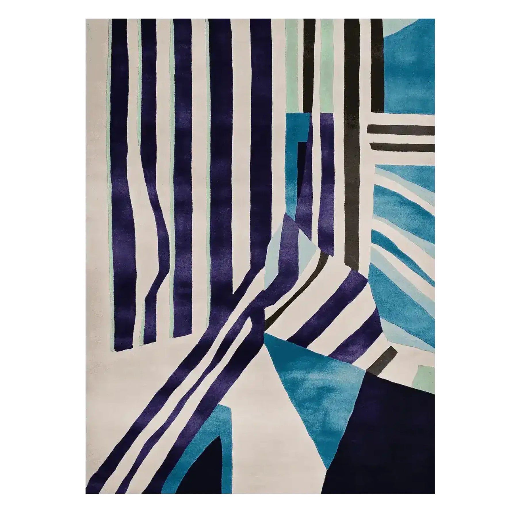 This vibrant area rug features a striking abstract design with bold stripes in deep blues, blacks, and aqua tones. Perfect for adding a contemporary flair to your living room, this wool rug is both stylish and durable, making it an ideal choice for those seeking modern living room area rugs.