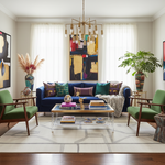Modern living room with a blue sofa, green chairs, a contemporary wool rug, and abstract art on the walls.